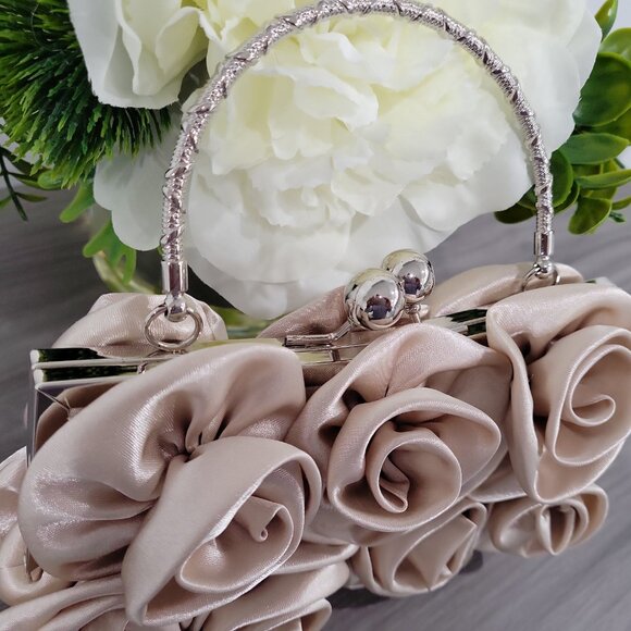 Elegant Latte Satin Roses Wedding Party Clutch Purse w/Rhinestone Handle & Chain - Picture 6 of 7